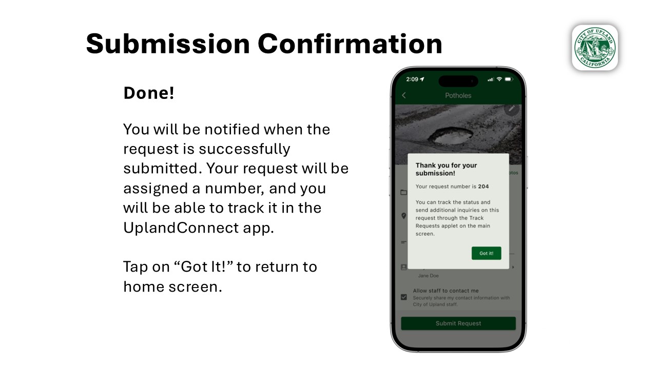 Confirmation screen showing a successfully submitted service request with a request number and tracking information